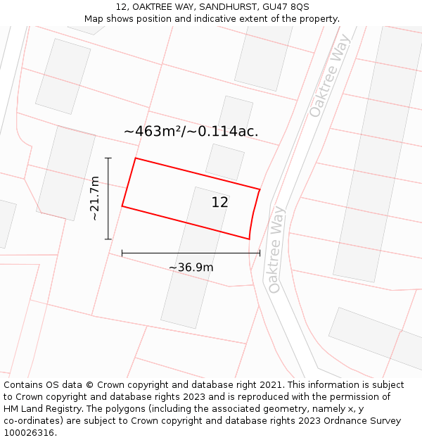 12, OAKTREE WAY, SANDHURST, GU47 8QS: Plot and title map