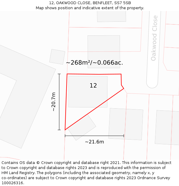 12, OAKWOOD CLOSE, BENFLEET, SS7 5SB: Plot and title map