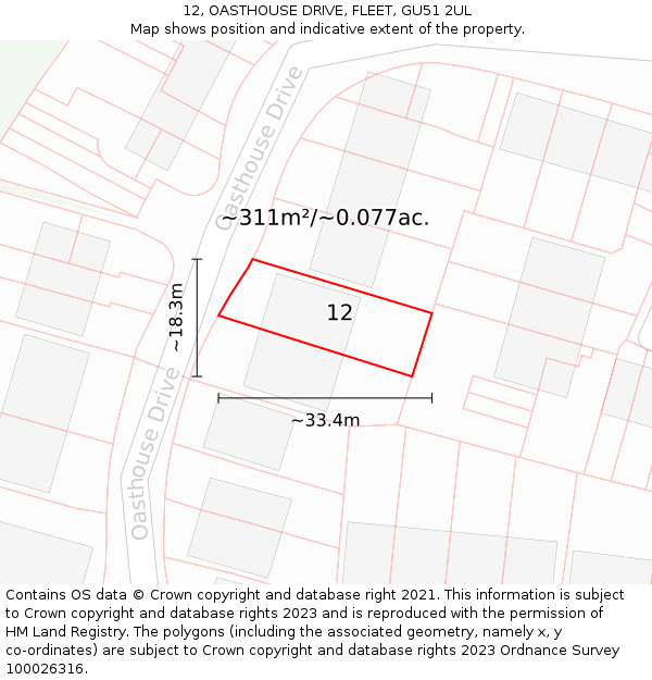 12, OASTHOUSE DRIVE, FLEET, GU51 2UL: Plot and title map