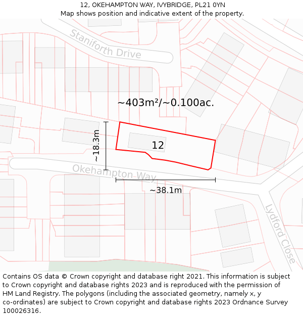 12, OKEHAMPTON WAY, IVYBRIDGE, PL21 0YN: Plot and title map