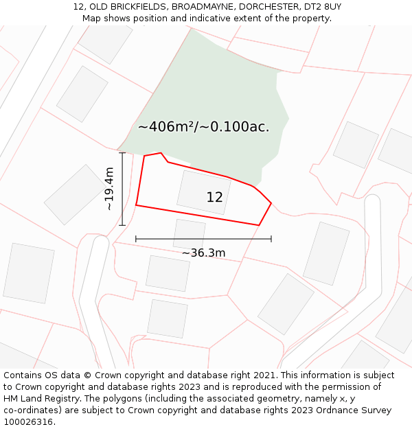 12, OLD BRICKFIELDS, BROADMAYNE, DORCHESTER, DT2 8UY: Plot and title map