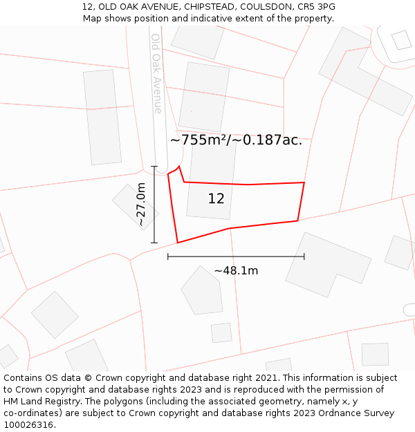 12, OLD OAK AVENUE, CHIPSTEAD, COULSDON, CR5 3PG: Plot and title map