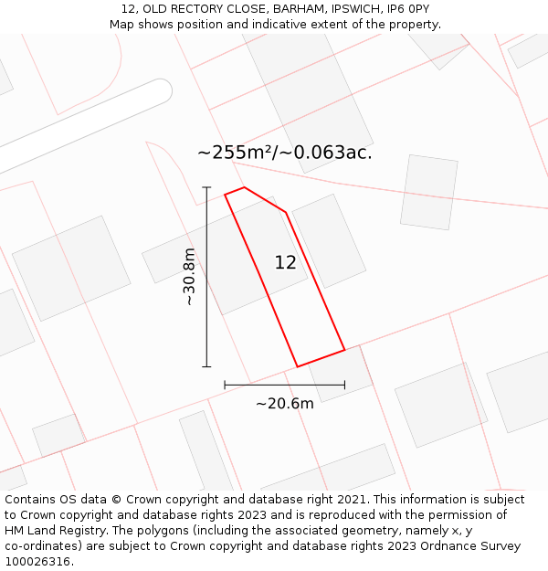 12, OLD RECTORY CLOSE, BARHAM, IPSWICH, IP6 0PY: Plot and title map