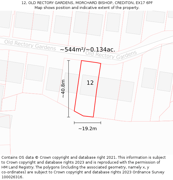12, OLD RECTORY GARDENS, MORCHARD BISHOP, CREDITON, EX17 6PF: Plot and title map