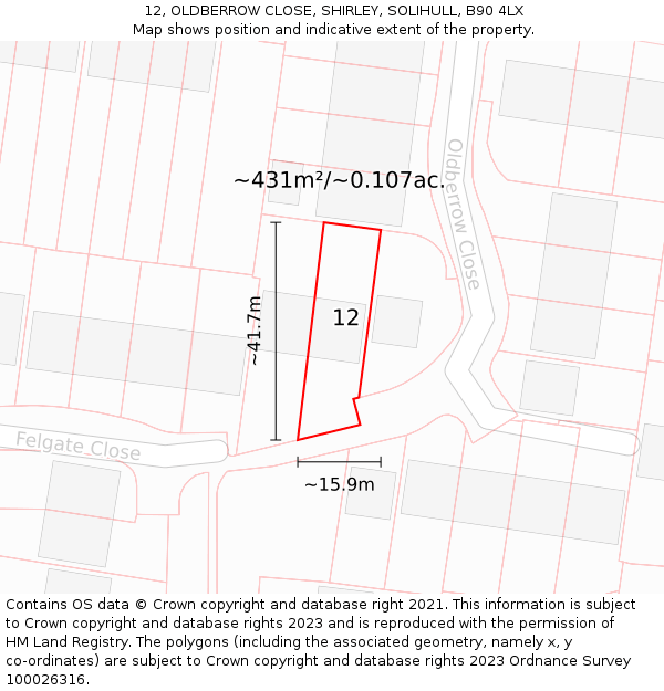 12, OLDBERROW CLOSE, SHIRLEY, SOLIHULL, B90 4LX: Plot and title map