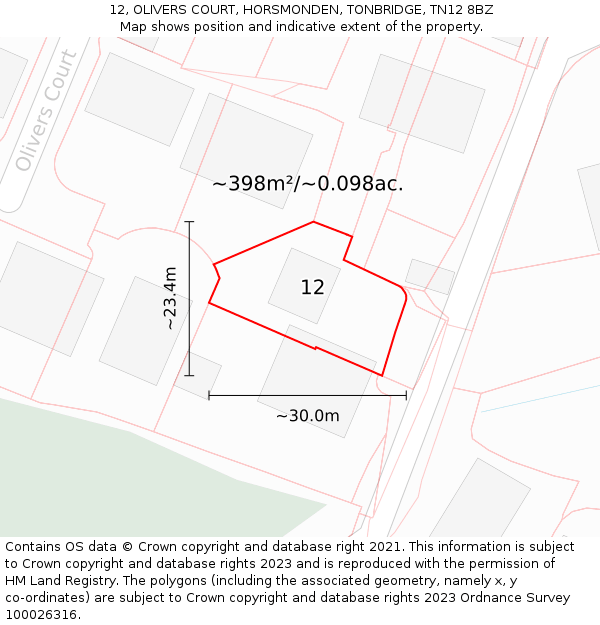 12, OLIVERS COURT, HORSMONDEN, TONBRIDGE, TN12 8BZ: Plot and title map