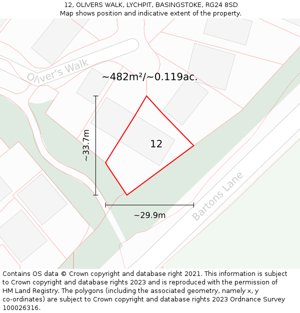 12, OLIVERS WALK, LYCHPIT, BASINGSTOKE, RG24 8SD: Plot and title map