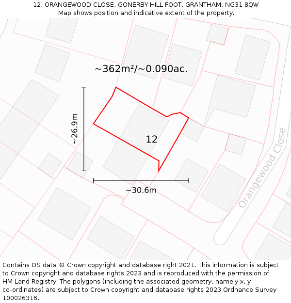 12, ORANGEWOOD CLOSE, GONERBY HILL FOOT, GRANTHAM, NG31 8QW: Plot and title map