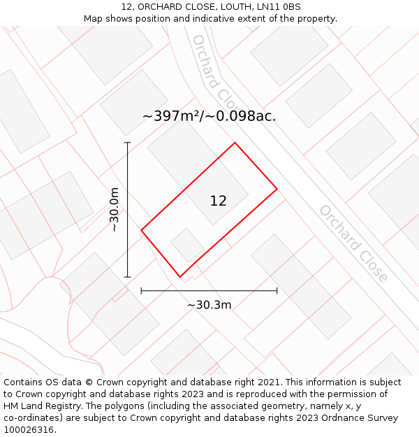 12, ORCHARD CLOSE, LOUTH, LN11 0BS: Plot and title map