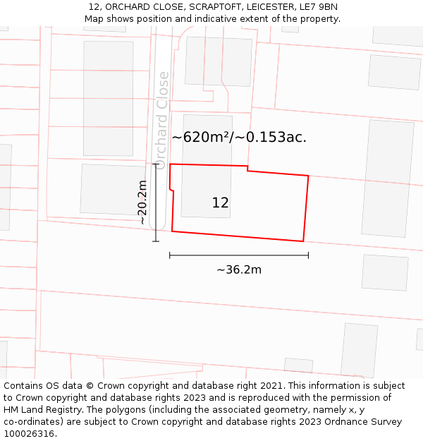 12, ORCHARD CLOSE, SCRAPTOFT, LEICESTER, LE7 9BN: Plot and title map