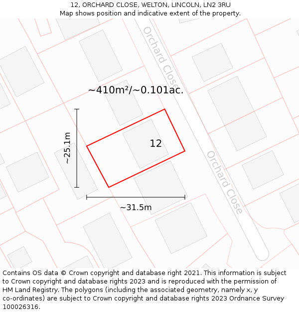 12, ORCHARD CLOSE, WELTON, LINCOLN, LN2 3RU: Plot and title map
