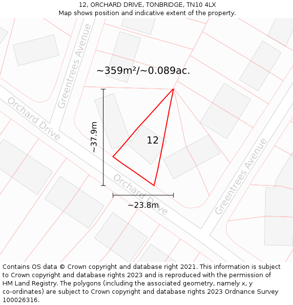12, ORCHARD DRIVE, TONBRIDGE, TN10 4LX: Plot and title map
