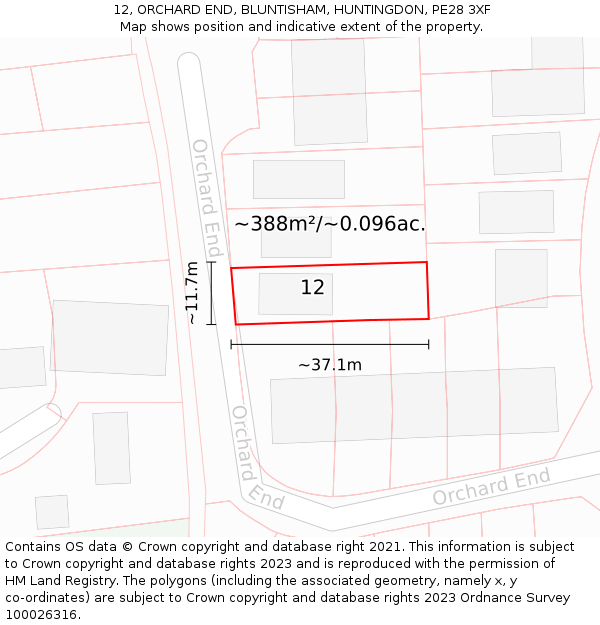12, ORCHARD END, BLUNTISHAM, HUNTINGDON, PE28 3XF: Plot and title map