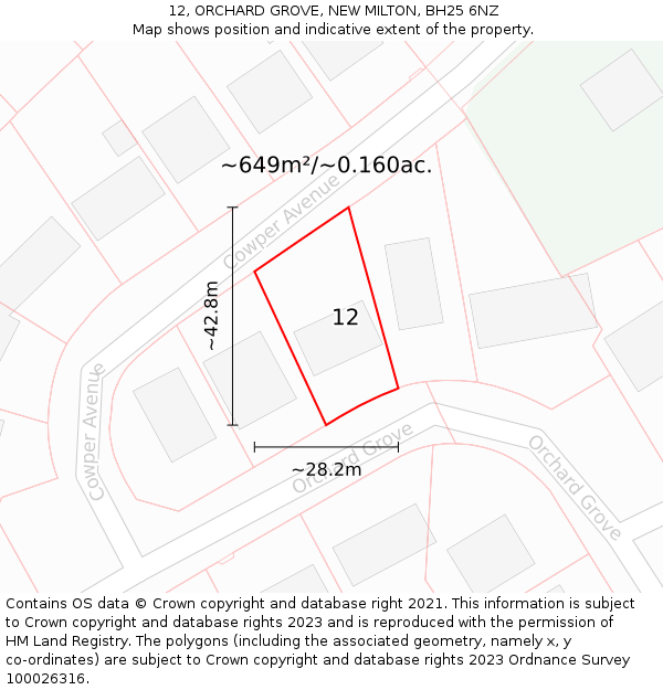 12, ORCHARD GROVE, NEW MILTON, BH25 6NZ: Plot and title map