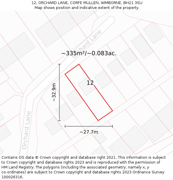 12, ORCHARD LANE, CORFE MULLEN, WIMBORNE, BH21 3SU: Plot and title map