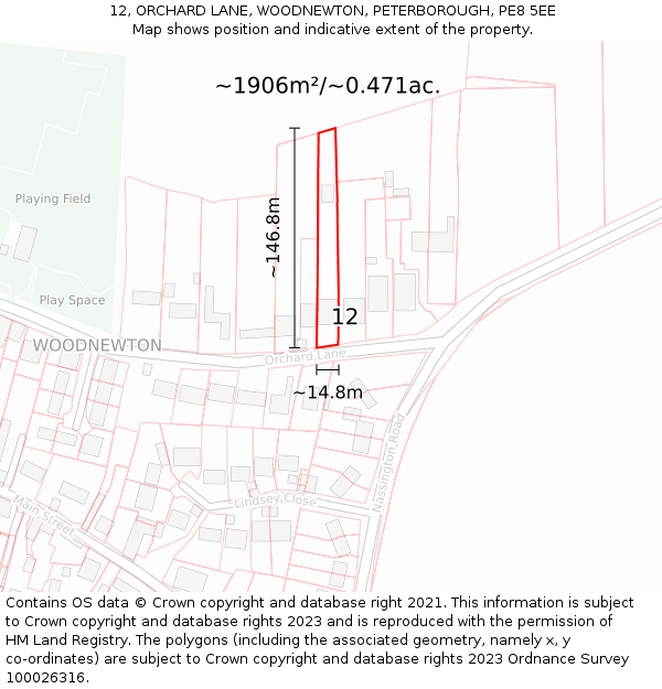 12, ORCHARD LANE, WOODNEWTON, PETERBOROUGH, PE8 5EE: Plot and title map