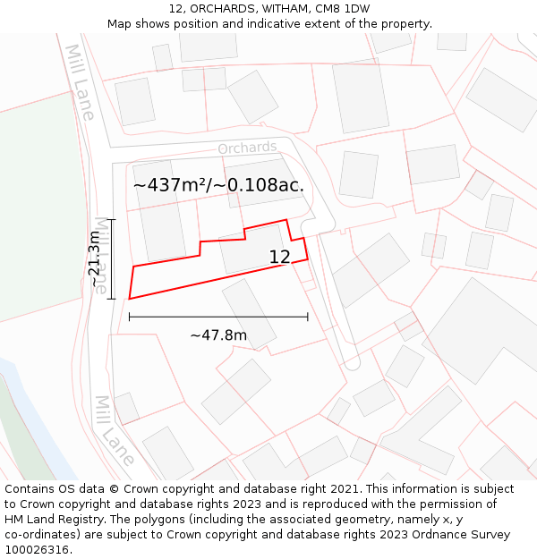 12, ORCHARDS, WITHAM, CM8 1DW: Plot and title map
