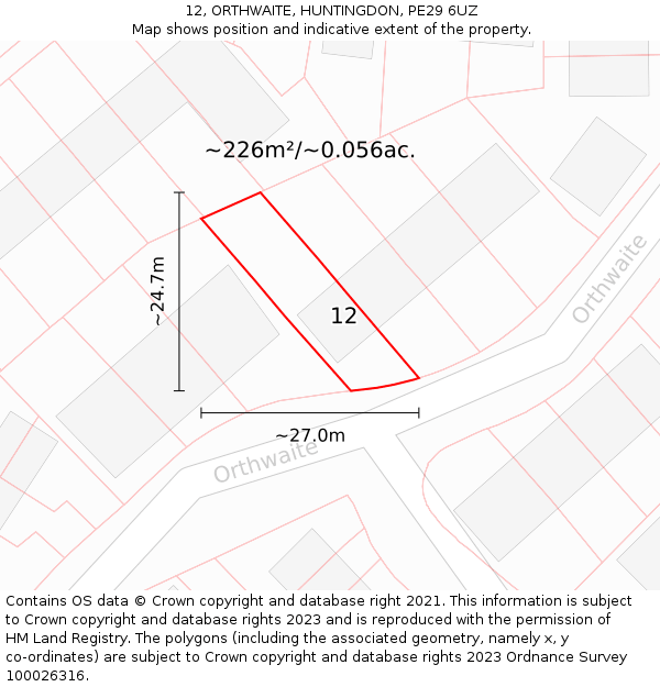 12, ORTHWAITE, HUNTINGDON, PE29 6UZ: Plot and title map