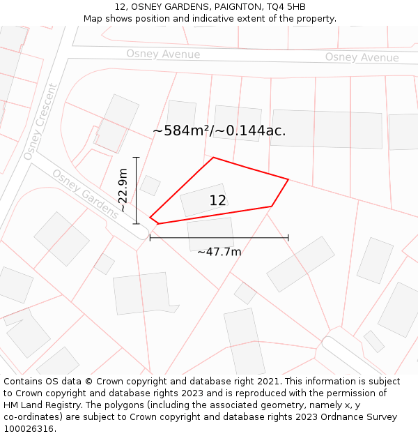 12, OSNEY GARDENS, PAIGNTON, TQ4 5HB: Plot and title map