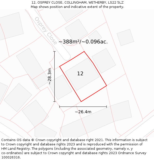 12, OSPREY CLOSE, COLLINGHAM, WETHERBY, LS22 5LZ: Plot and title map