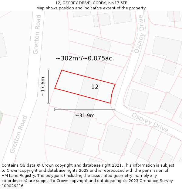 12, OSPREY DRIVE, CORBY, NN17 5FR: Plot and title map