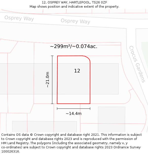 12, OSPREY WAY, HARTLEPOOL, TS26 0ZF: Plot and title map