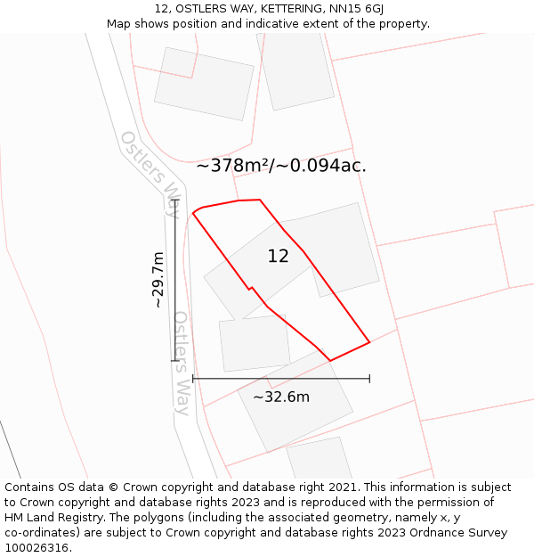 12, OSTLERS WAY, KETTERING, NN15 6GJ: Plot and title map