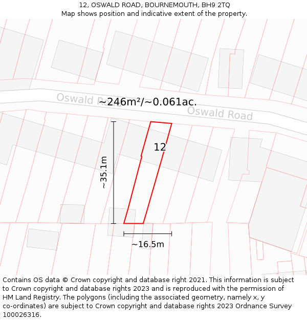 12, OSWALD ROAD, BOURNEMOUTH, BH9 2TQ: Plot and title map