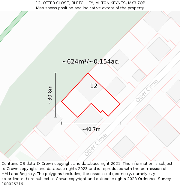 12, OTTER CLOSE, BLETCHLEY, MILTON KEYNES, MK3 7QP: Plot and title map