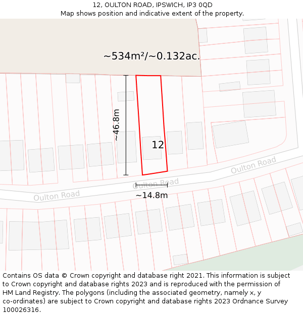 12, OULTON ROAD, IPSWICH, IP3 0QD: Plot and title map