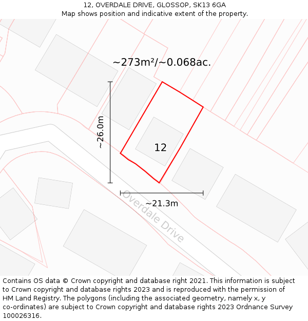 12, OVERDALE DRIVE, GLOSSOP, SK13 6GA: Plot and title map