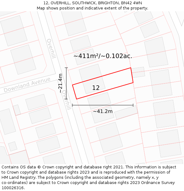 12, OVERHILL, SOUTHWICK, BRIGHTON, BN42 4WN: Plot and title map