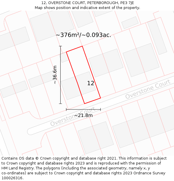 12, OVERSTONE COURT, PETERBOROUGH, PE3 7JE: Plot and title map