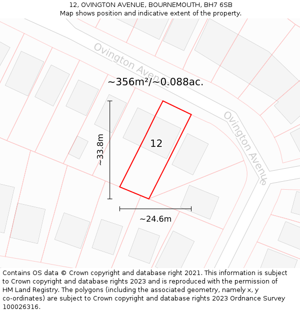 12, OVINGTON AVENUE, BOURNEMOUTH, BH7 6SB: Plot and title map