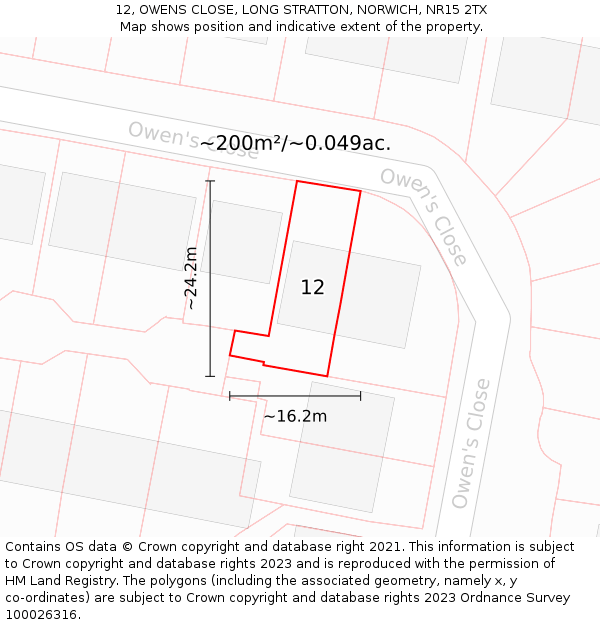 12, OWENS CLOSE, LONG STRATTON, NORWICH, NR15 2TX: Plot and title map