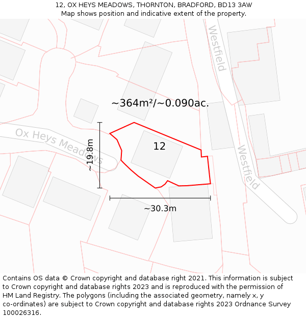 12, OX HEYS MEADOWS, THORNTON, BRADFORD, BD13 3AW: Plot and title map