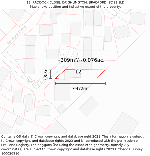 12, PADDOCK CLOSE, DRIGHLINGTON, BRADFORD, BD11 1LD: Plot and title map