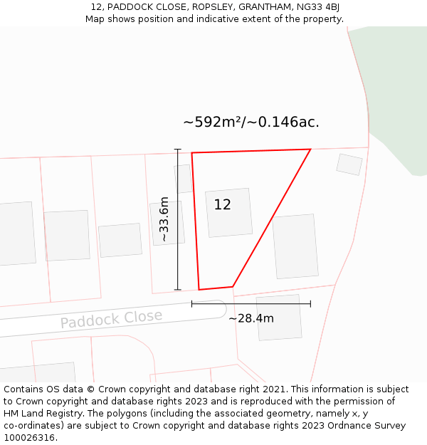 12, PADDOCK CLOSE, ROPSLEY, GRANTHAM, NG33 4BJ: Plot and title map