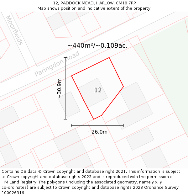 12, PADDOCK MEAD, HARLOW, CM18 7RP: Plot and title map