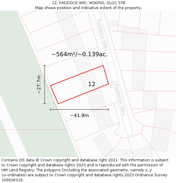 12, PADDOCK WAY, WOKING, GU21 5TB: Plot and title map