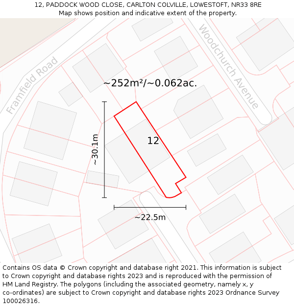 12, PADDOCK WOOD CLOSE, CARLTON COLVILLE, LOWESTOFT, NR33 8RE: Plot and title map