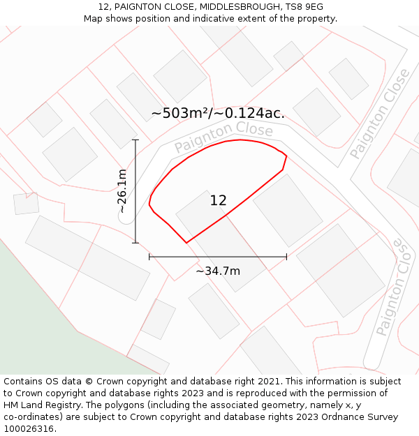 12, PAIGNTON CLOSE, MIDDLESBROUGH, TS8 9EG: Plot and title map