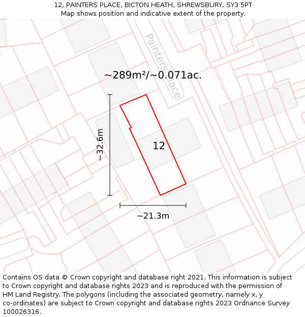 12, PAINTERS PLACE, BICTON HEATH, SHREWSBURY, SY3 5PT: Plot and title map