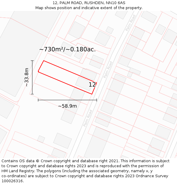 12, PALM ROAD, RUSHDEN, NN10 6AS: Plot and title map
