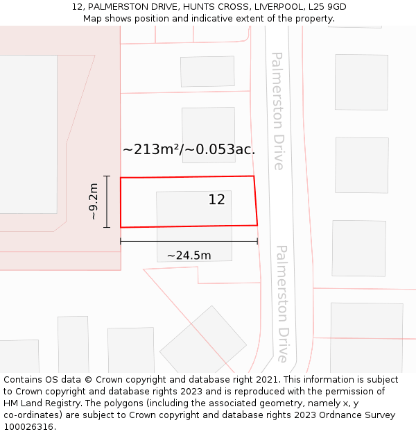 12, PALMERSTON DRIVE, HUNTS CROSS, LIVERPOOL, L25 9GD: Plot and title map