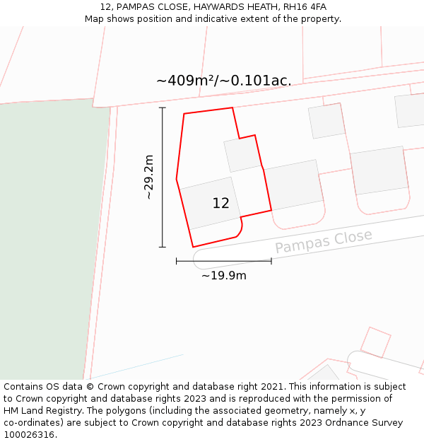 12, PAMPAS CLOSE, HAYWARDS HEATH, RH16 4FA: Plot and title map