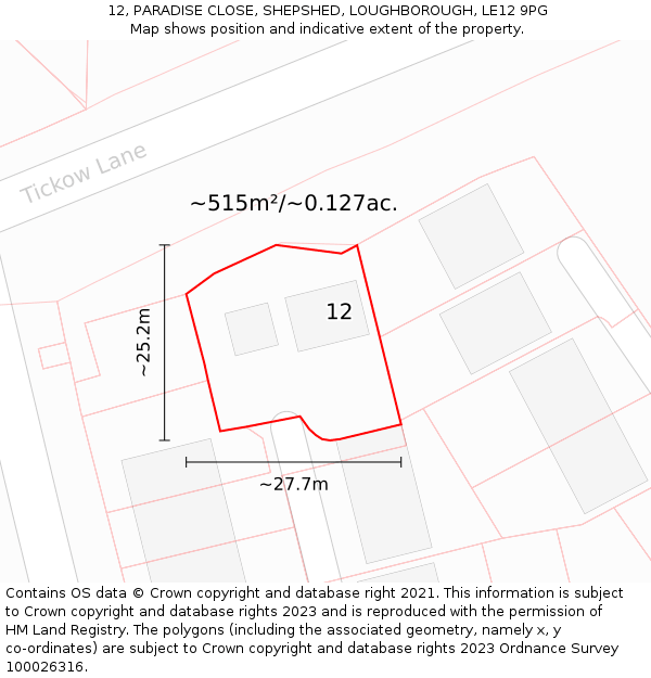 12, PARADISE CLOSE, SHEPSHED, LOUGHBOROUGH, LE12 9PG: Plot and title map