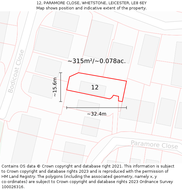 12, PARAMORE CLOSE, WHETSTONE, LEICESTER, LE8 6EY: Plot and title map