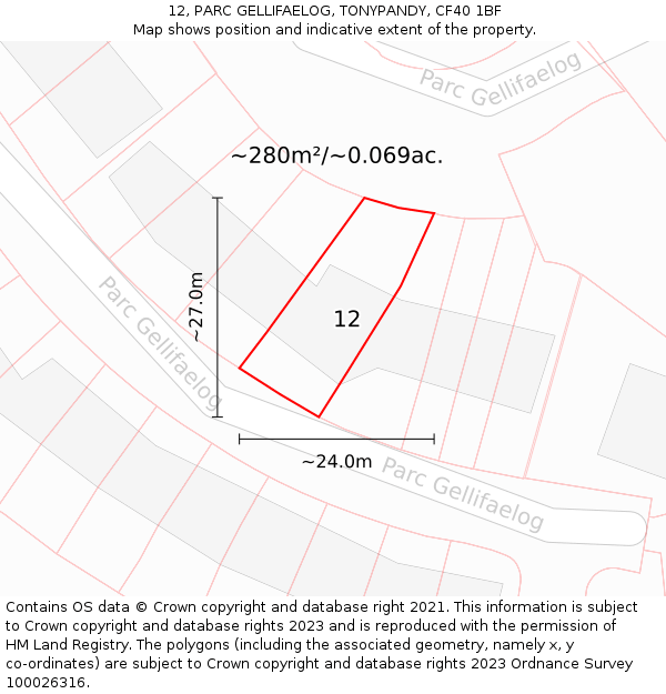 12, PARC GELLIFAELOG, TONYPANDY, CF40 1BF: Plot and title map