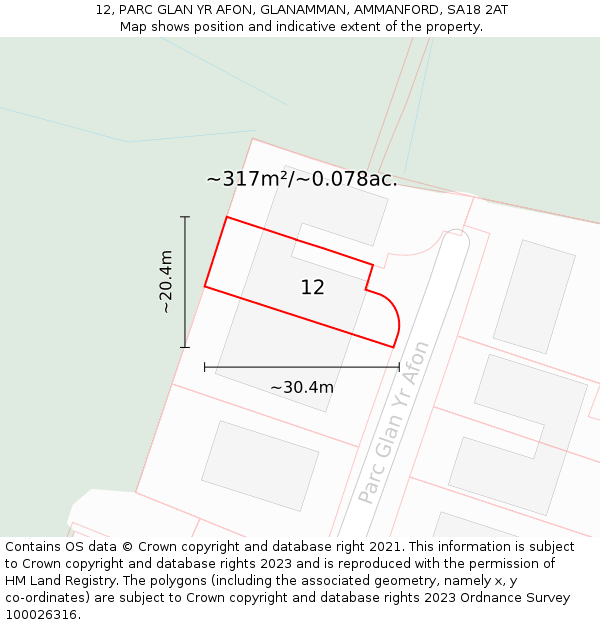 12, PARC GLAN YR AFON, GLANAMMAN, AMMANFORD, SA18 2AT: Plot and title map